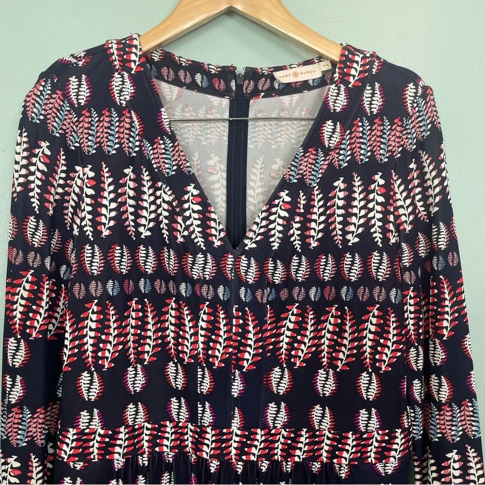 Tory Burch Viscose Fantasy‎ Printed Dress Navy Blue Long Sleeve V Neck Medium